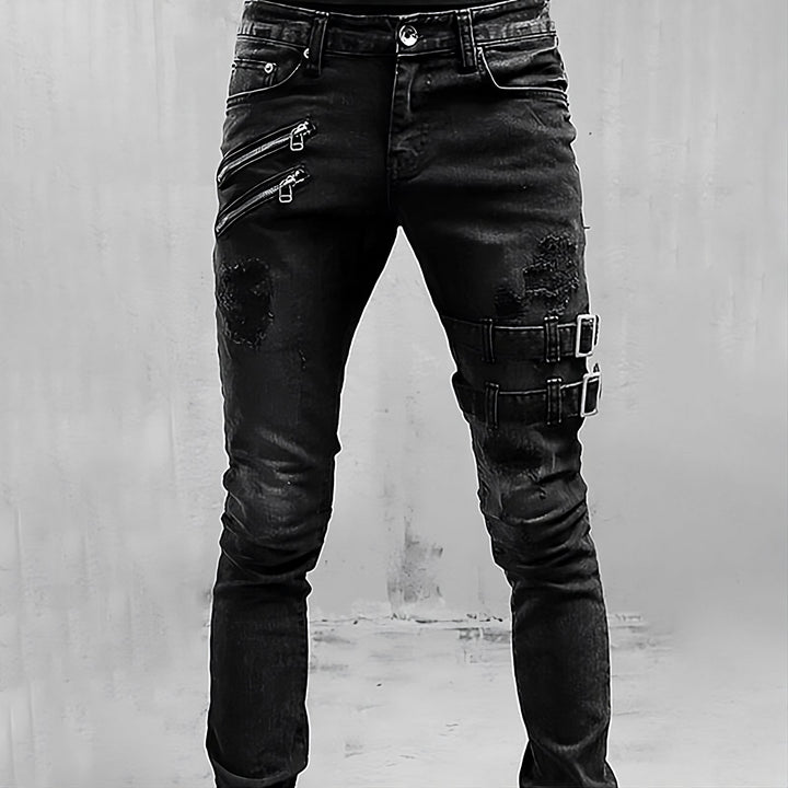 Stilvolle Herrenjeans mit einzigartigen Schnallen- & Reißverschlussdetails; moderne Statement-Mode für Männer.