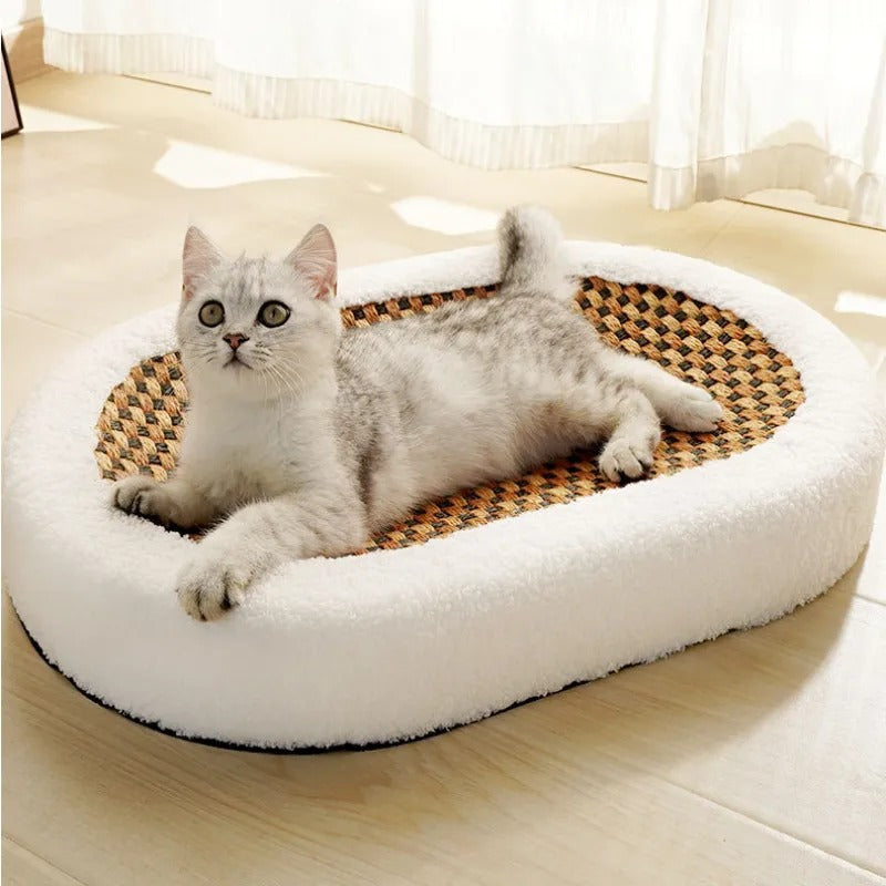 Luxuriöses Katzenbett mit weicher Liegefläche und integrierter Kratzmatte für Komfort & Krallenpflege.