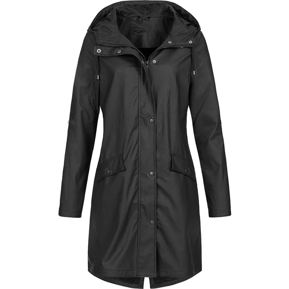 Wasserdichter Damen Regenmantel, lang, ideal für Outdoor-Aktivitäten bei jedem Wetter, ganzjährig nutzbar.