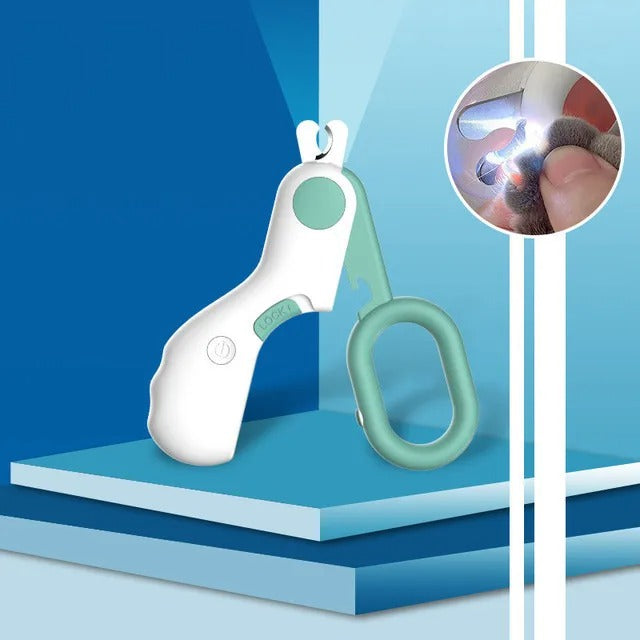 Ergonomische Krallenschere mit LED-Beleuchtung für schmerzfreie und präzise Nagelschnitte bei Haustieren.