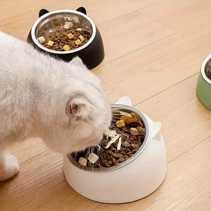 Erhöhte ergonomische Katzenfutterschale aus Edelstahl für komfortable Fütterung & bessere Verdauung der Katze.