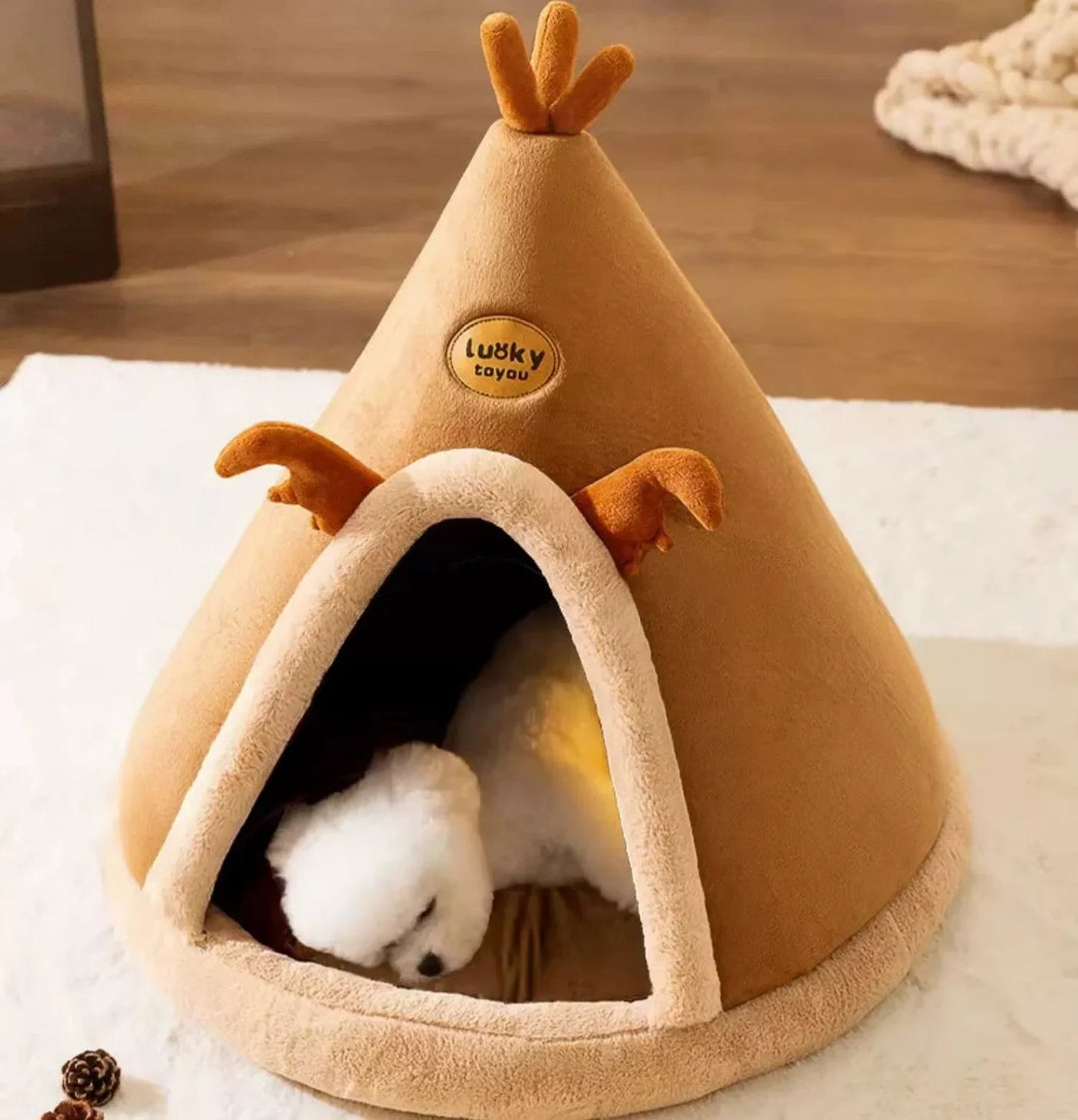 Braune Kuschelhöhle für Hunde & Katzen, gemütlicher Rückzugsort für kleine Haustiere.