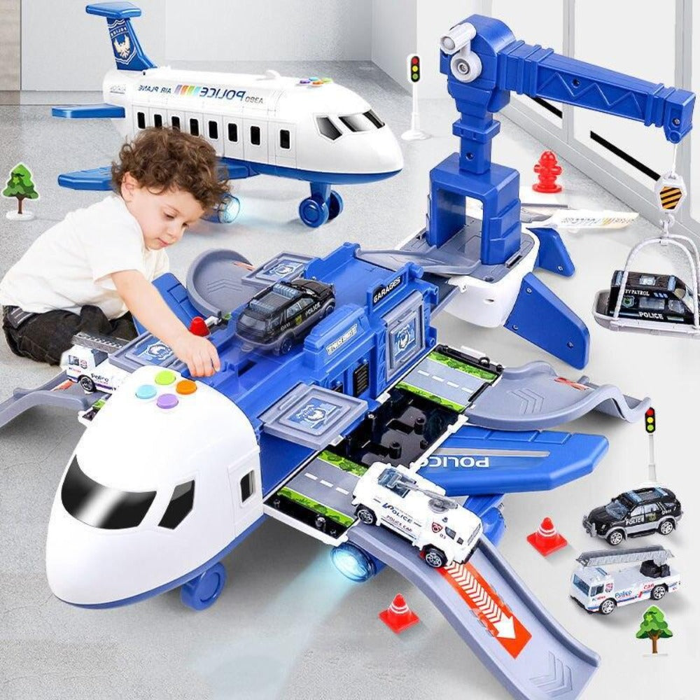 Kinder Abenteuer Flugzeug Spielset mit verschiedenen Einsatzfahrzeugen (Polizei, Feuerwehr) für Entdecker.