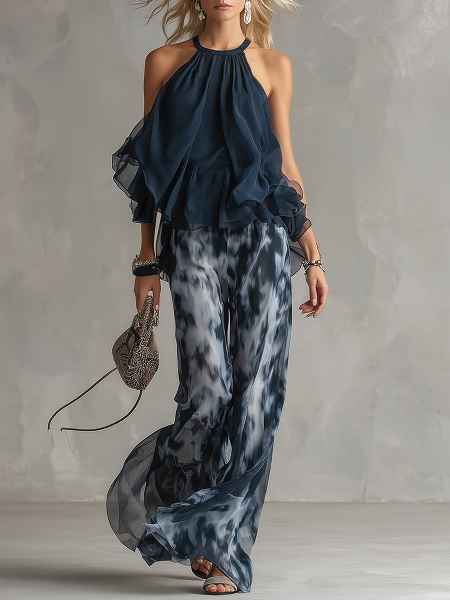 Marineblaues Damen Set: Elegantes hochgeschlossenes Blusenshirt und komfortable weite Hose. Stilvoll & vielseitig.