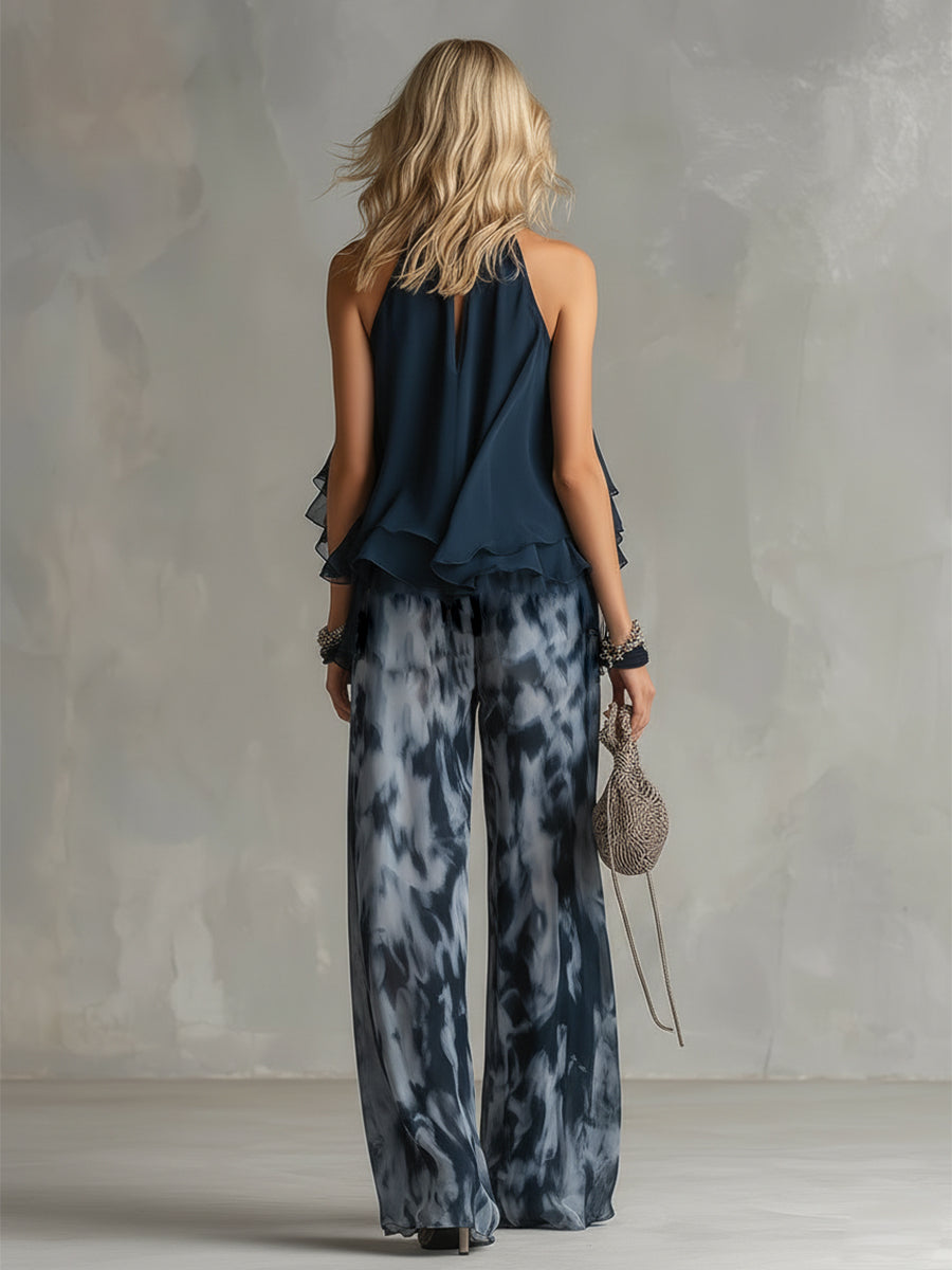 Elegantes Damen Ensemble in Marineblau: Komfortables Blusenshirt & weite Hose. Ideal für stilvolle Anlässe.