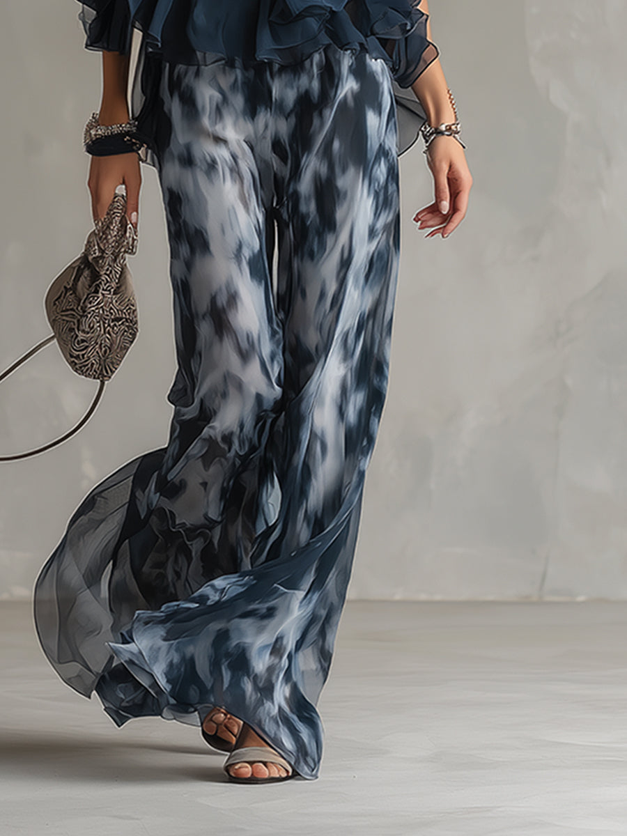 Stylisches marineblaues Damen Set: Elegantes Blusenshirt & bequeme weite Hose. Perfekt für vielseitige Looks.