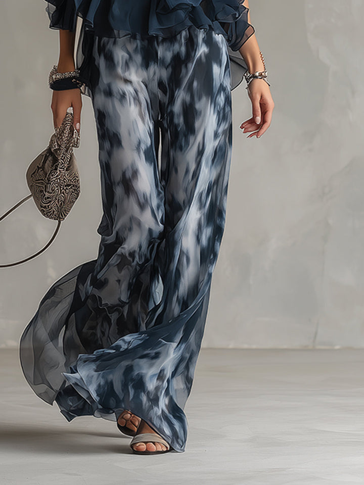 Stylisches marineblaues Damen Set: Elegantes Blusenshirt & bequeme weite Hose. Perfekt für vielseitige Looks.