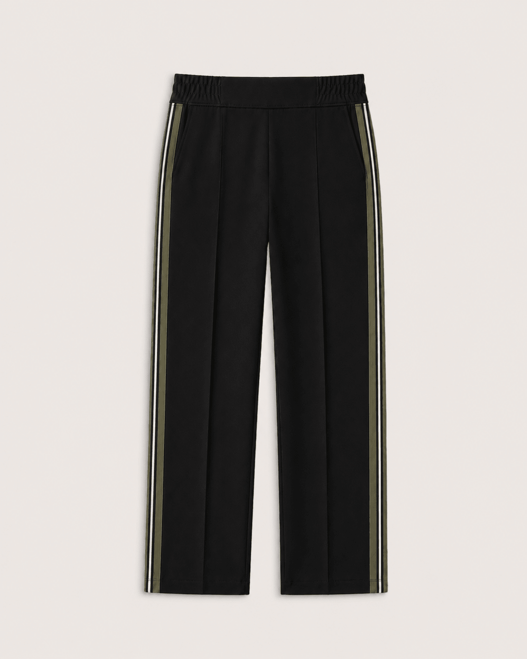 Damen Hose mit weitem Bein, gestricktem Seitenstreifen & eleganter Bügelfalte. Perfekt für Business & Freizeit.