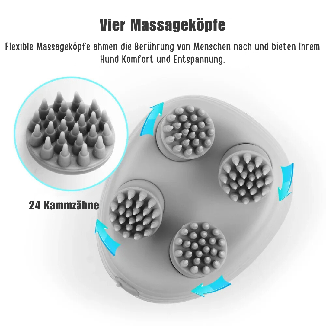 Ein entspannter Hund genießt eine wohltuende Massage mit dem Hunde Massagegerät für Antistress und Schmerzlinderung.