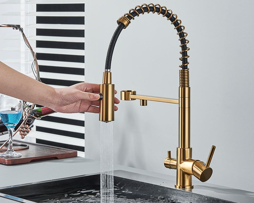 Wasserhahn Küche Gold: Funktionaler Dualauslauf mit integriertem Trinkwasserfilter.