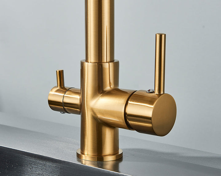 Edle Küchenarmatur Gold, Dualauslauf, Filterfunktion für frisches Trinkwasser.