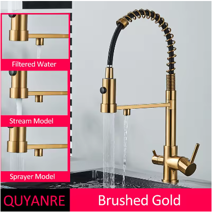 Küchenarmatur Gebürstetes Gold von oben, zeigt beide Ausläufe und Mischbatterie-Hebel.