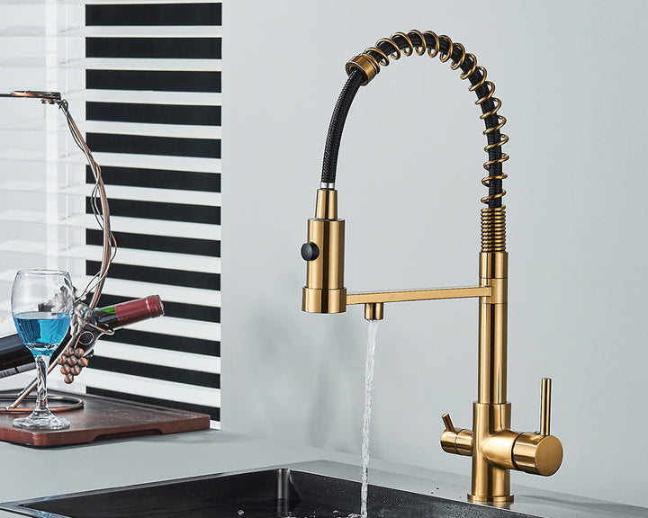 Luxuriöse Mischbatterie Gold: Gebürstetes Messing, Trinkwasserfilter, zwei Ausläufe.