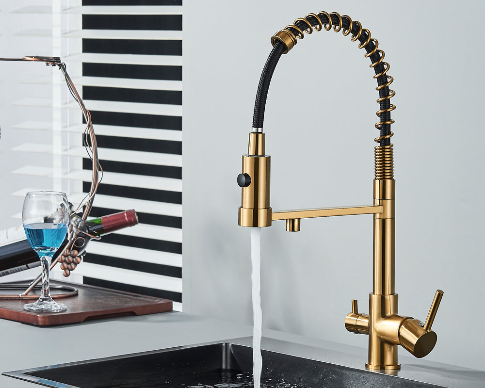 Design-Küchenarmatur in Gebürstetem Gold mit Trinkwasserfilter & Dualauslauf.