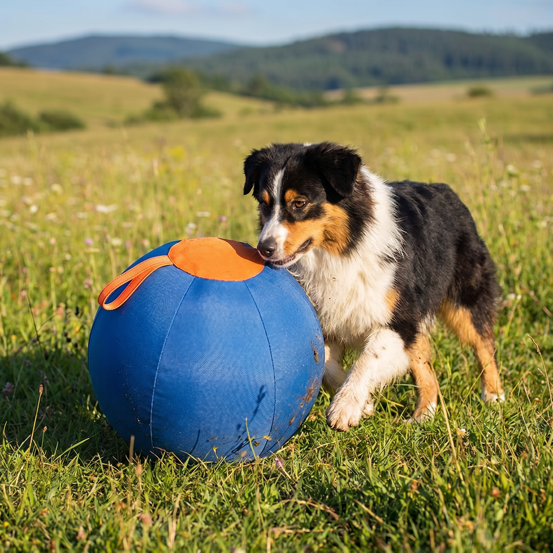 Hund & Besitzer spielen mit dem interaktiven Hüteball. Robustes Hundespielzeug für aktive Freizeit & Energieabbau.