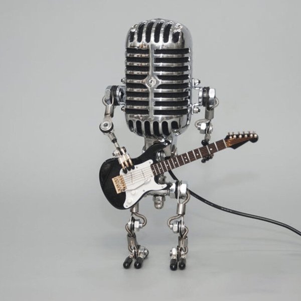 Stilvolle Vintage Gitarren-Tischlampe mit LED Licht; eine kreative Dekolampe für Musikliebhaber im Büro.