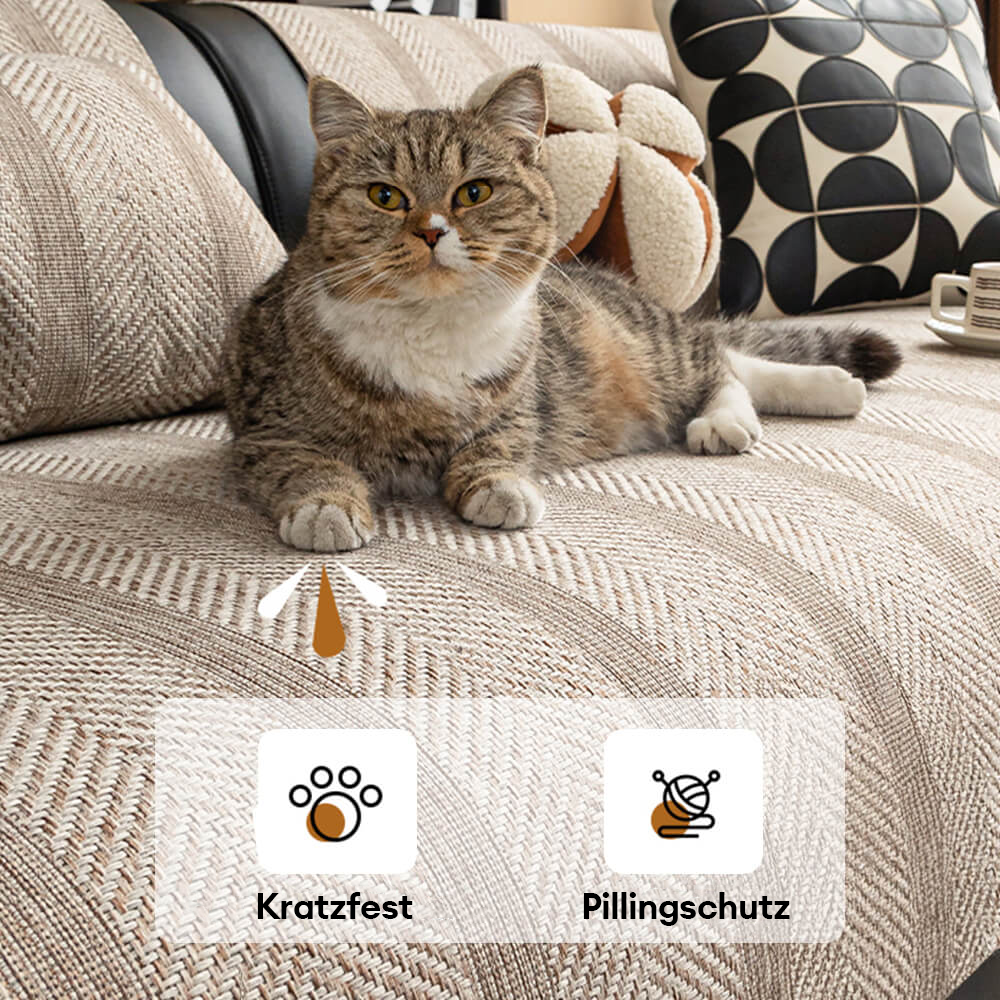 Moderner Couchschutz Kunstleinen Hellgrau, Fischgrätenmuster, kratzfest & maschinenwaschbar.