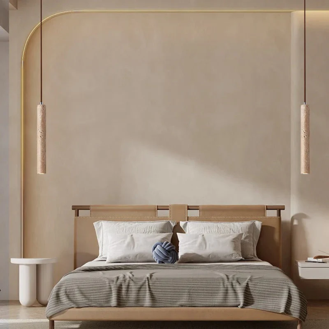 Wabi-Sabi Design Deckenleuchte mit Travertin und LED Licht, perfekt für minimalistische Wohnzimmer.