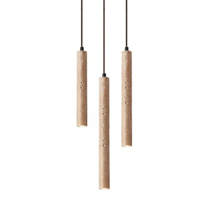 Minimalistische Travertin LED Lampe, eine Wabi-Sabi Pendelleuchte für zeitlose Innenräume.