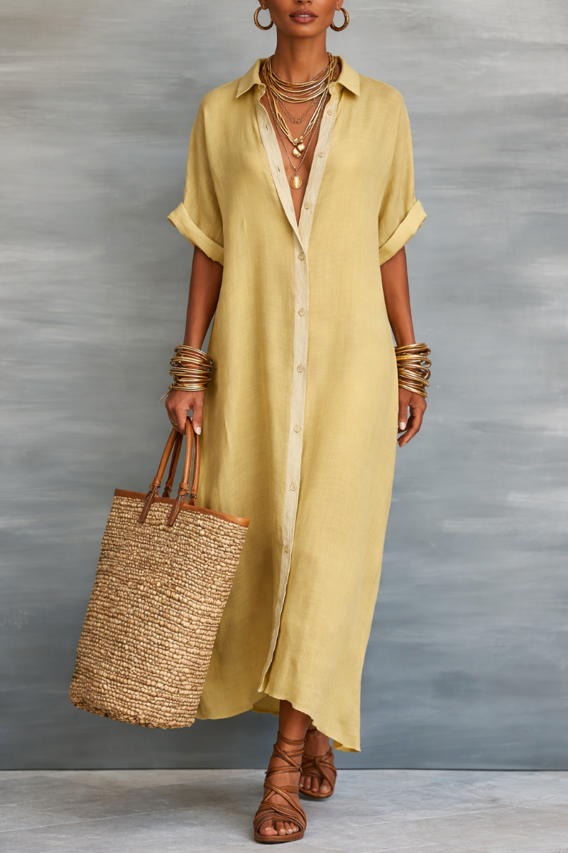 Minimalistisches Khaki Damen Maxikleid, elegant und vielseitig, ideal für Sommer und Freizeit.