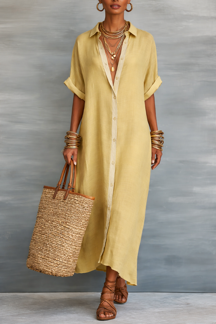 Minimalistisches Khaki Damen Maxikleid, elegant und vielseitig, ideal für Sommer und Freizeit.