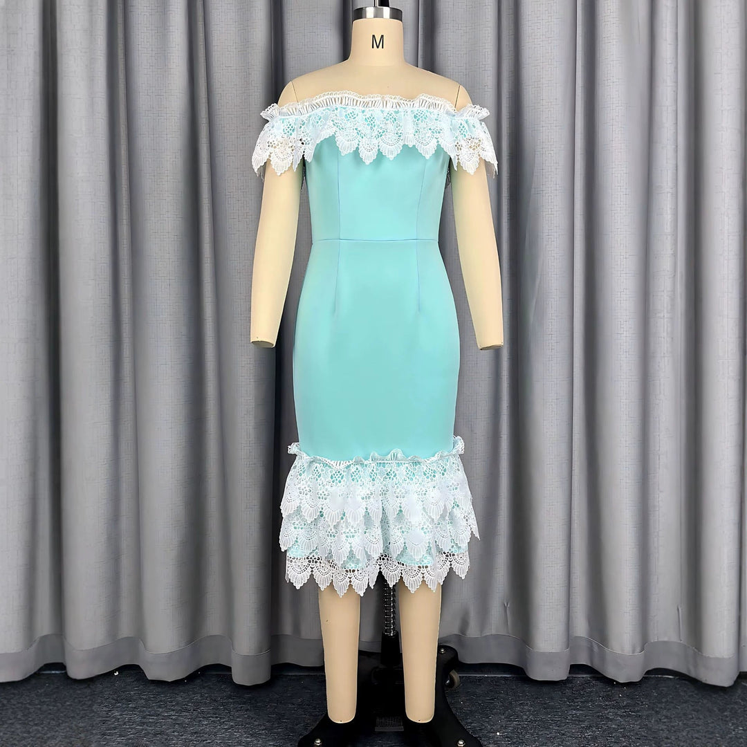 Elegantes mintgrünes Spitzen-Abendkleid für Damen, festlich, schulterfrei, perfekt für besondere Anlässe.