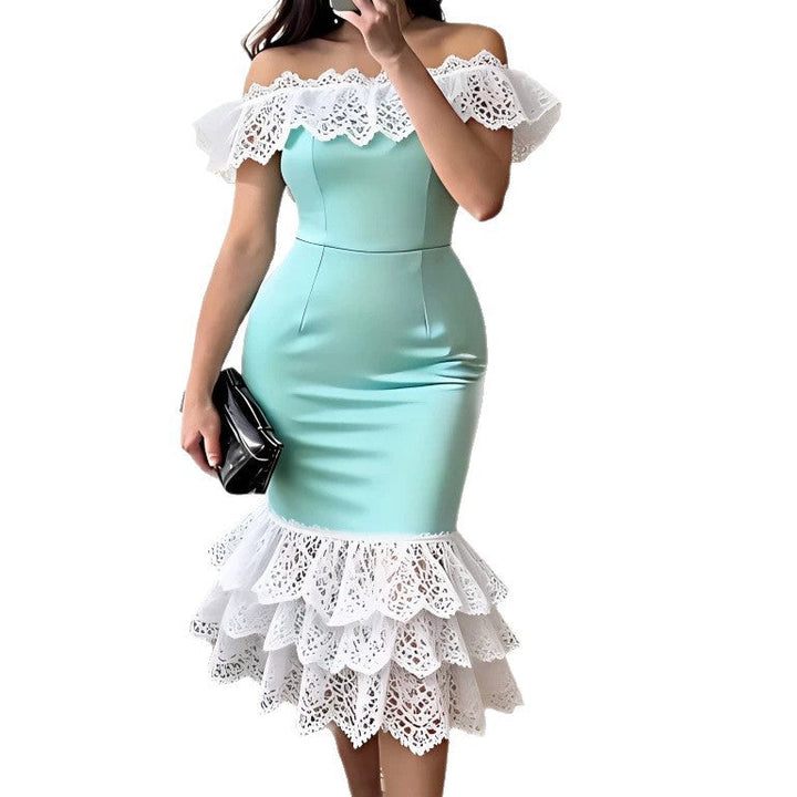 Mintgrünes Damenmode Cocktailkleid, elegant mit Spitzenbesatz, ideal für besondere Anlässe & Abendpartys.
