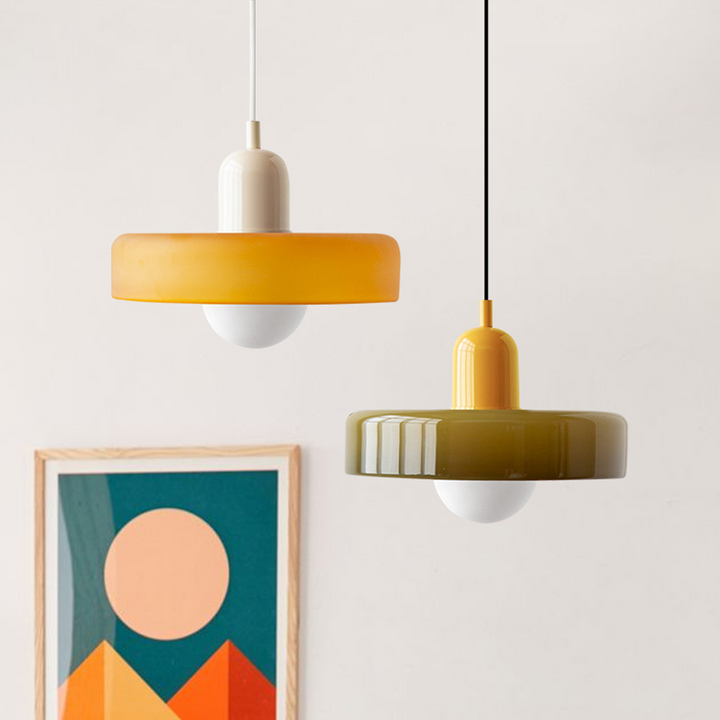 Kunstvolle Buntglaslampe, Hängelampe im Bauhausstil, stilvolle Deckenbeleuchtung, handgefertigt.