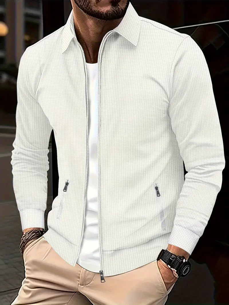 Elegante Herren Übergangsjacke mit durchgehendem Reißverschluss, vielseitig für modische Looks im Frühling und Herbst.
