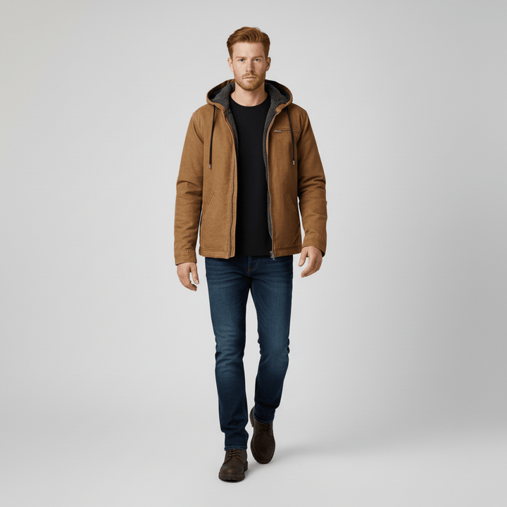 Rückenansicht der modernen Luke Herren Kapuzenjacke mit Kordelzug. Sportliche Übergangsjacke.