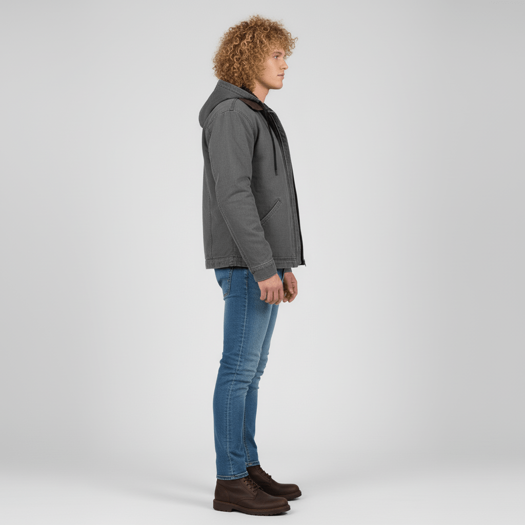 Reißverschluss-Detail der Luke Herren Kapuzenjacke. Robuste Alltags-Übergangsjacke für Männer.