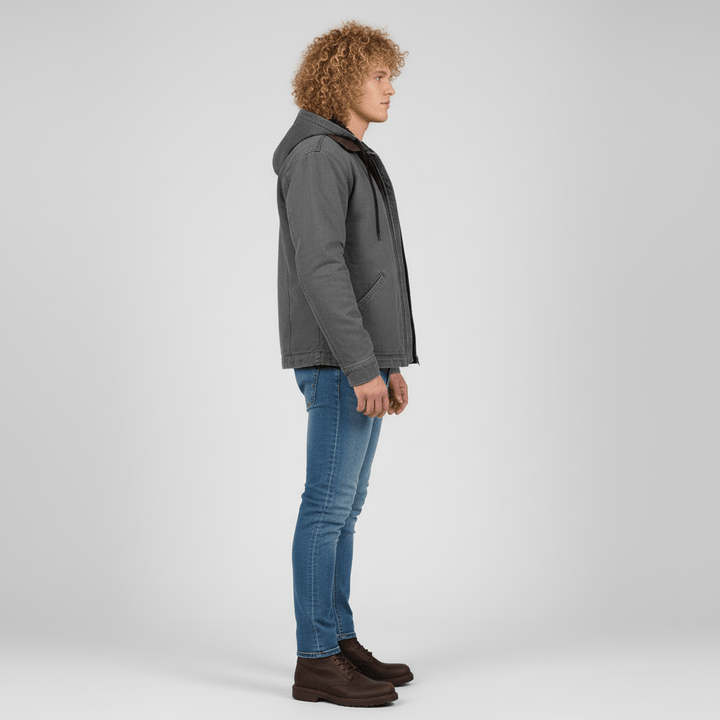 Reißverschluss-Detail der Luke Herren Kapuzenjacke. Robuste Alltags-Übergangsjacke für Männer.