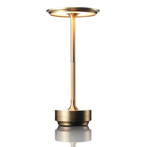 Elegante kabellose Design-Tischlampe in Gold-Optik mit LED, moderne Akzentbeleuchtung für Wohnzimmer.
