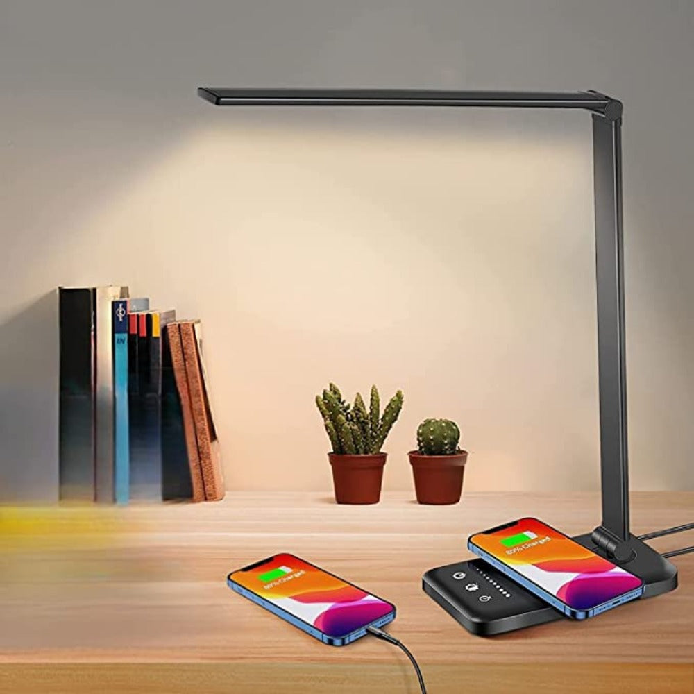 Dimmbare LED-Tischlampe mit Touch-Steuerung und USB-Port, augenschonend für effizientes Arbeiten & Lesen.