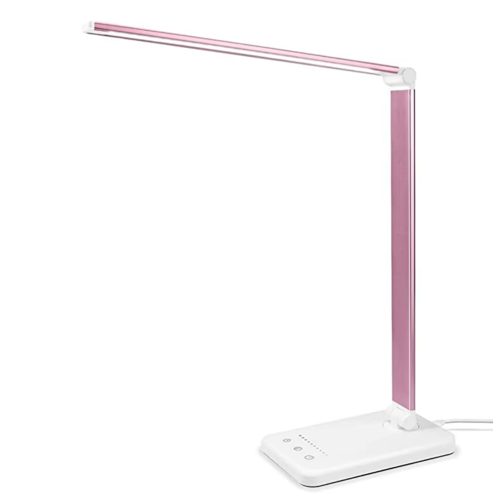 Elegante LED-Bürolampe mit schwenkbarem Arm & USB-Anschluss, sorgt für flexible, blendfreie Schreibtischbeleuchtung.