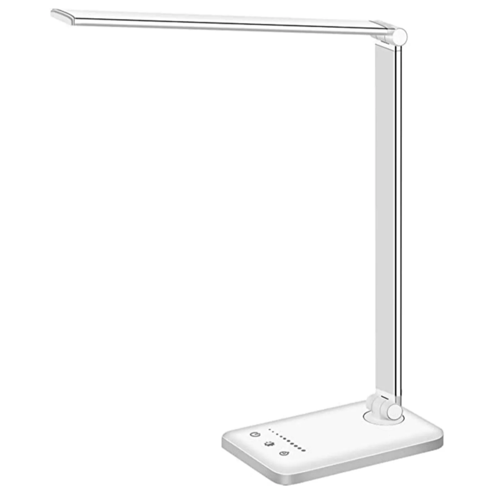 Detailansicht der modernen LED-Schreibtischlampe: Basis mit integriertem USB-Ladeanschluss für Mobilgeräte.