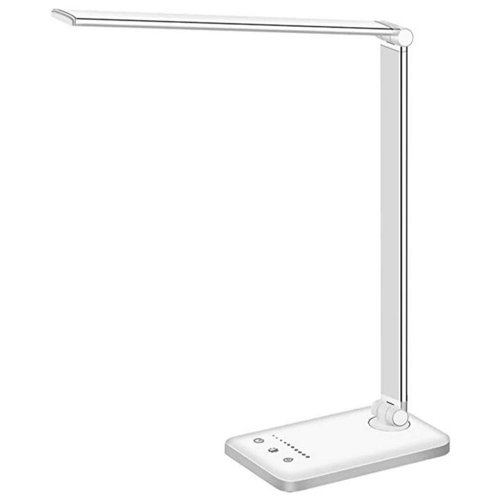 Detailansicht der modernen LED-Schreibtischlampe: Basis mit integriertem USB-Ladeanschluss für Mobilgeräte.