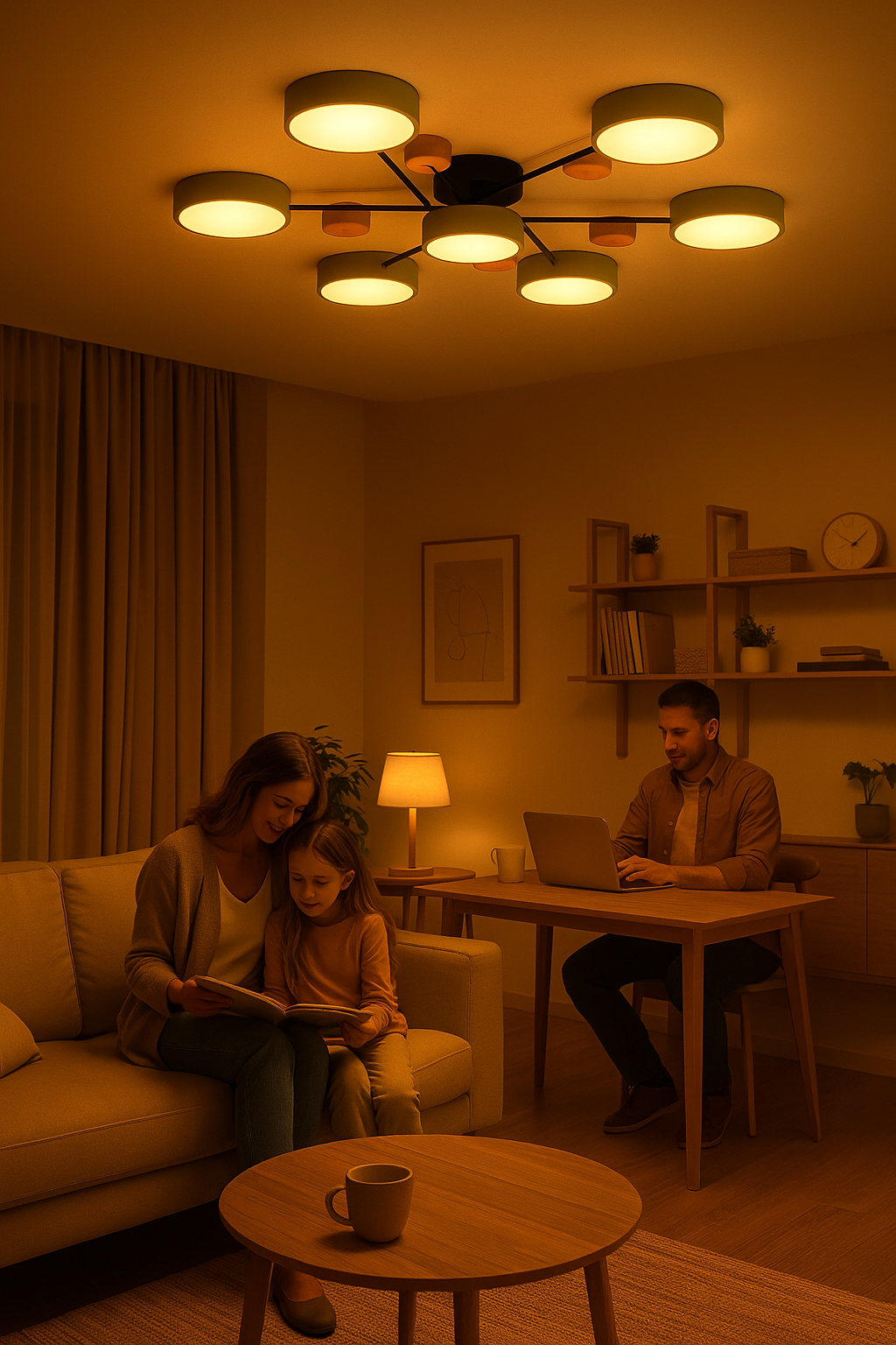 Designleuchte: Skandinavische LED-Deckenleuchte, verzweigtes Design, warmweißes Licht.