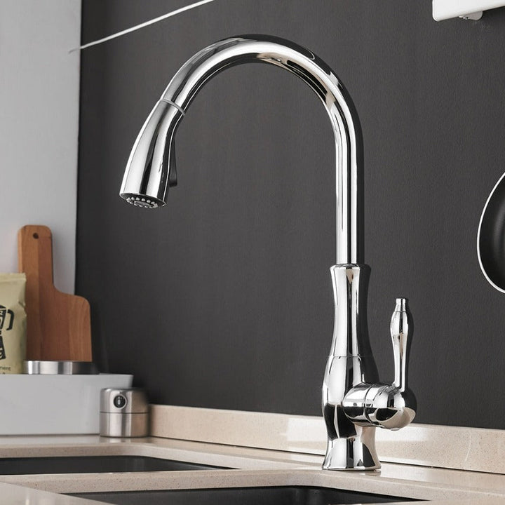 Moderne Anton Armatur in Gold für Küchenrenovierung, mit elegantem Design und ausziehbarem Brausekopf.