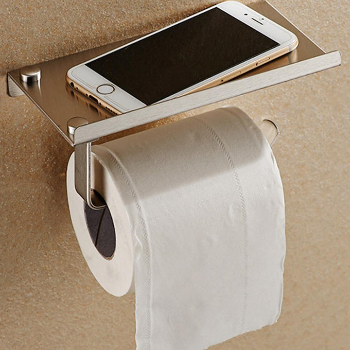 Moderner Edelstahl Toilettenpapierhalter mit praktischer Ablage für Feuchttücher oder Smartphone im Badezimmer.