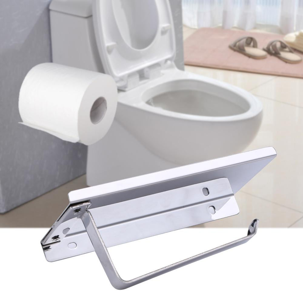 Eleganter Toilettenpapierhalter aus gebürstetem Edelstahl, ideal zur Wandmontage im modernen Bad. Mit integrierter Ablage.