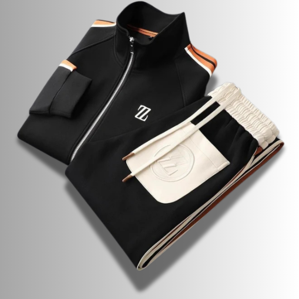 Komplettes Herren Jogginganzug-Set in modernem Design, Farben: Braun, Beige, Schwarz. Sportlich & komfortabel.