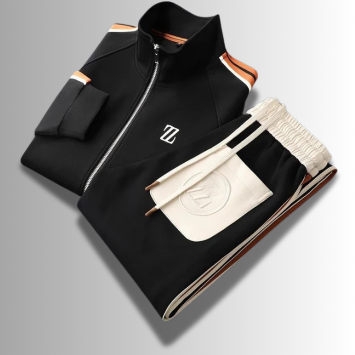 Komplettes Herren Jogginganzug-Set in modernem Design, Farben: Braun, Beige, Schwarz. Sportlich & komfortabel.