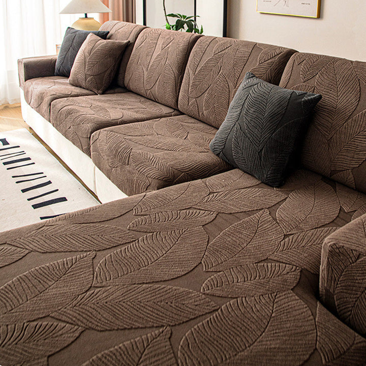 Gesamtes Sofa mit modernem, wasserabweisendem Jacquard Blättermuster Sofabezug. Möbelschutz & Stil.