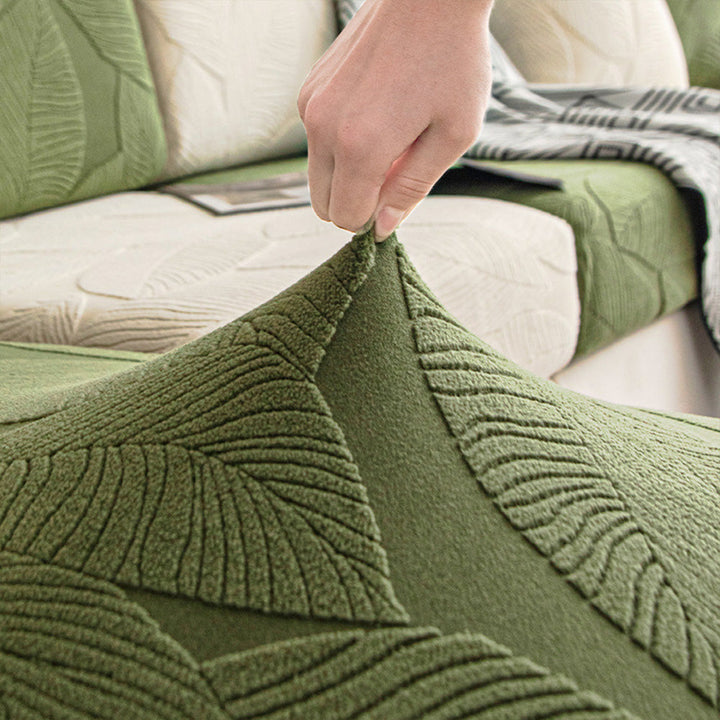 Nahaufnahme des modernen Jacquard Sofabezugs mit elegantem Blättermuster für stilvolles Wohndekor.