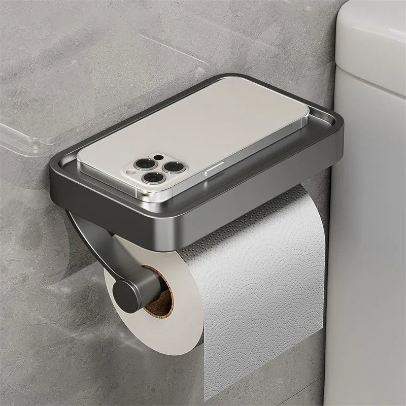 Funktionalität trifft Design: Edelstahl Toilettenpapierhalter mit Ablage für Handy & Co. Wandmontiert.