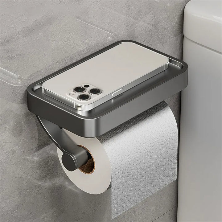 Funktionalität trifft Design: Edelstahl Toilettenpapierhalter mit Ablage für Handy & Co. Wandmontiert.