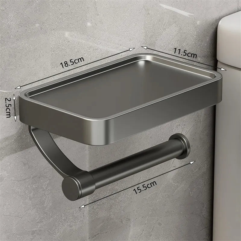 Edler Toilettenpapierhalter aus Edelstahl mit breiter Ablage. Optimal für jedes moderne Badezimmer.