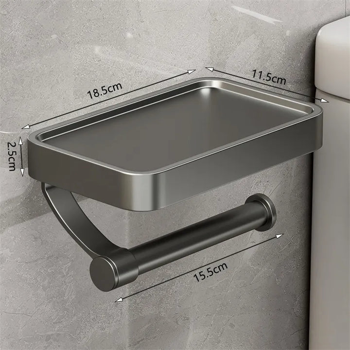 Edler Toilettenpapierhalter aus Edelstahl mit breiter Ablage. Optimal für jedes moderne Badezimmer.