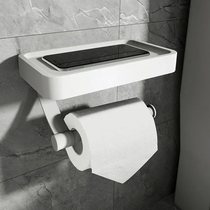 Platzsparender Toilettenpapierhalter mit Ablage für Handy oder Deko. Badaccessoire aus Edelstahl.